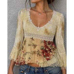 Hazel Y2K Top Womens Large Beaded Mesh Floral Bell Sleeve Boho 90s